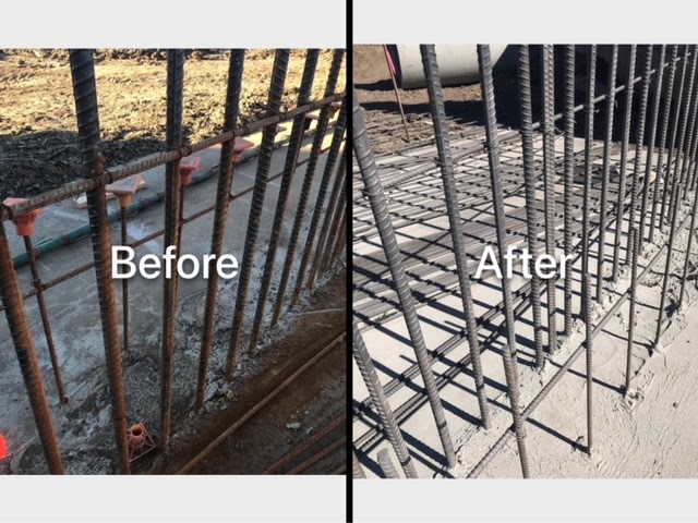 Before and after: reinforcing steel bars in a concrete footing, rusted on the left and cleaned rebar on the right.