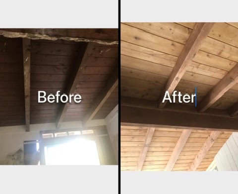 Before and after: a wood beam and plank ceiling in a covered garage area, darkened on the left and stripped back to bare wood on the right.