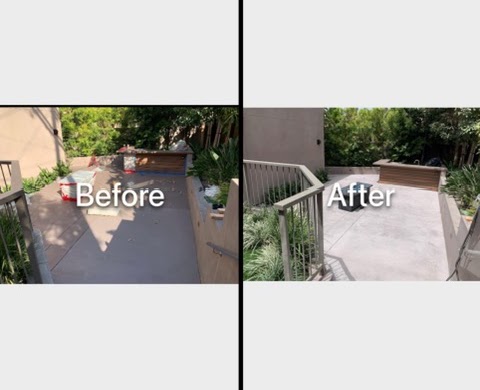Before and after: a raised concrete deck and steps beside a house, weathered on the left and cleaned on the right.