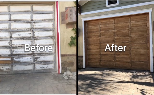 Before and after: a wooden garage door and surrounding wall, masked and dulled on the left and cleaned to bare timber on the right.