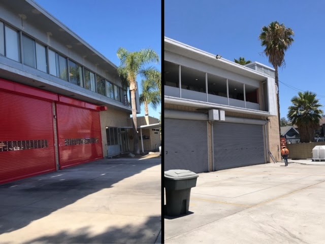 Before and after: a commercial building with red roll-up doors on the left and the same doors and walls stripped to a neutral finish on the right.