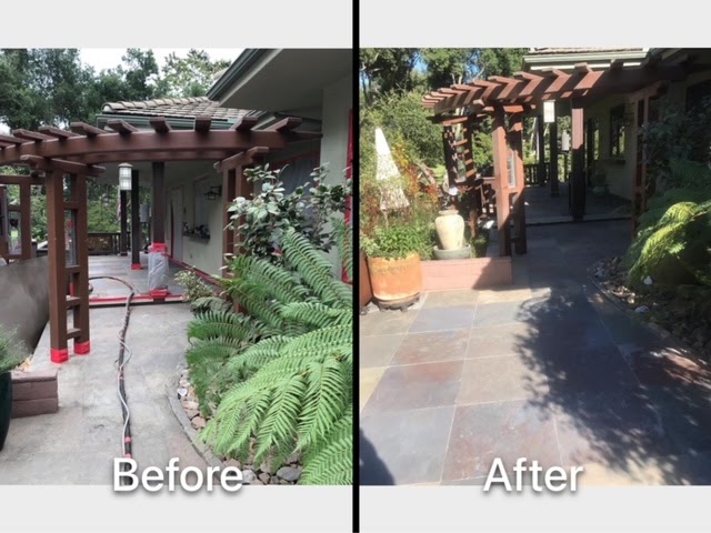 Before and after: a stone-paved patio entry under a timber pergola surrounded by plants, before and after sandblasting.