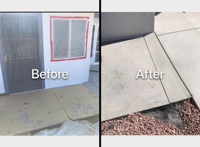 Before and after: a masked window and white wall with a stained walkway on the left, and clean concrete paving on the right.