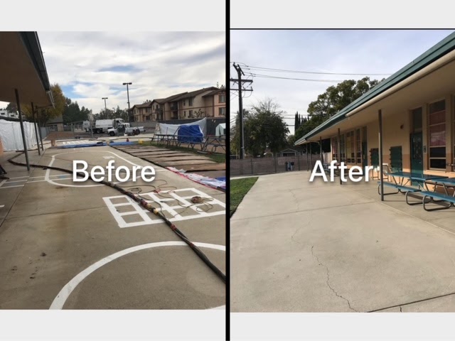 Before and after: a school playground blacktop with painted game markings on the left and clean bare paving in front of the classrooms on the right.