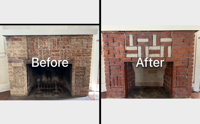 Before and after: a brick fireplace with a raised hearth, soot-darkened on the left and cleaned brickwork on the right.