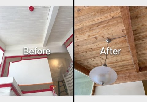 Before and after: a covered patio ceiling with a hanging light, painted white on the left and sandblasted to bare wood planks on the right.