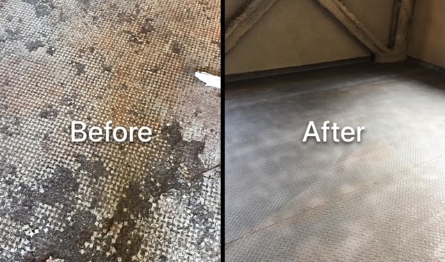 Before and after: a diamond-plate metal floor coated in rust and grime on the left, cleaned to bright metal on the right.