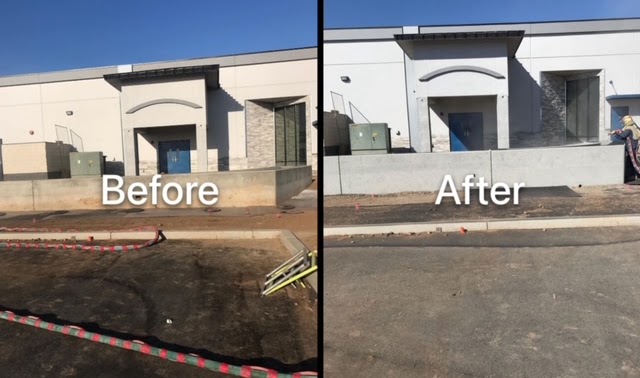 Before and after: the entrance elevation of a commercial building with the surrounding ground torn up on the left and finished clean walls on the right.
