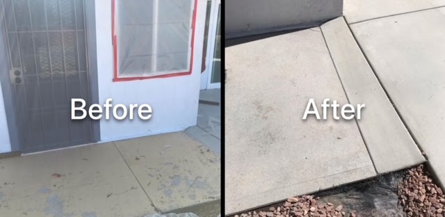 Before and after: a concrete patio slab next to a house window, marked on the left and clean pale concrete on the right.