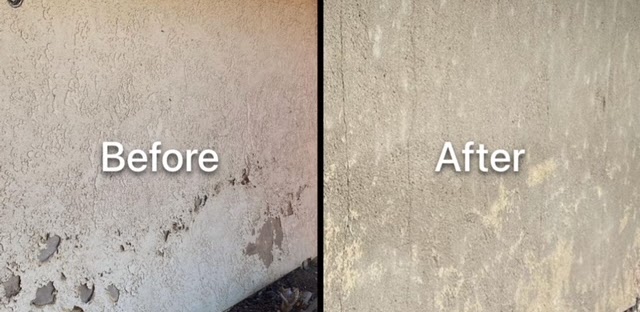 Before and after: an exterior stucco wall, stained and patchy on the left and evenly cleaned on the right.