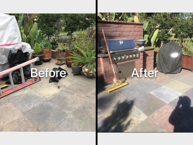 Before and after: a stone patio with a barbecue and potted plants, covered and dirty on the left and cleaned paving on the right.